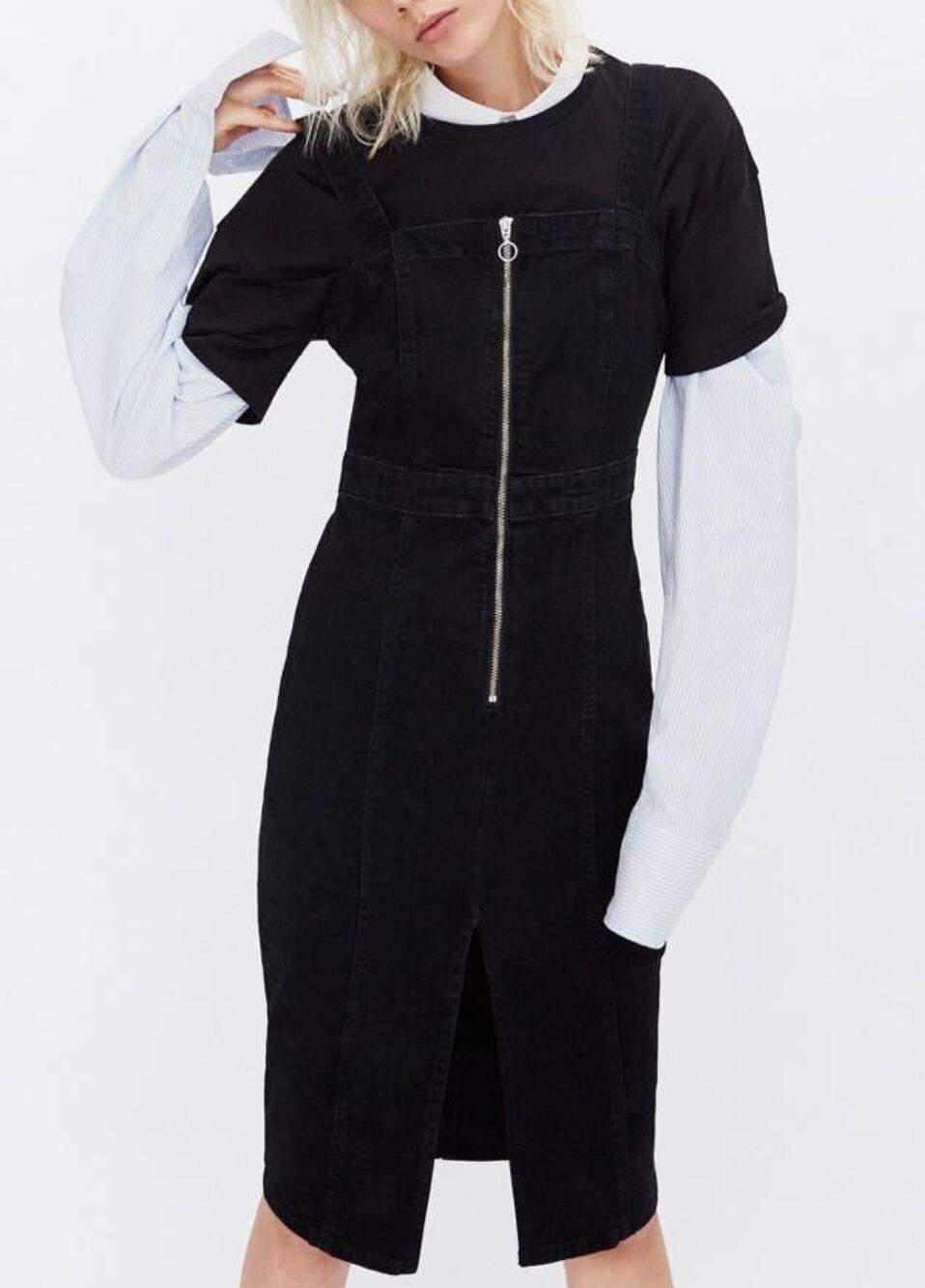 Zara black denim zip front pinafore jumper dress Size Sm Y2K Grunge Midi Retro